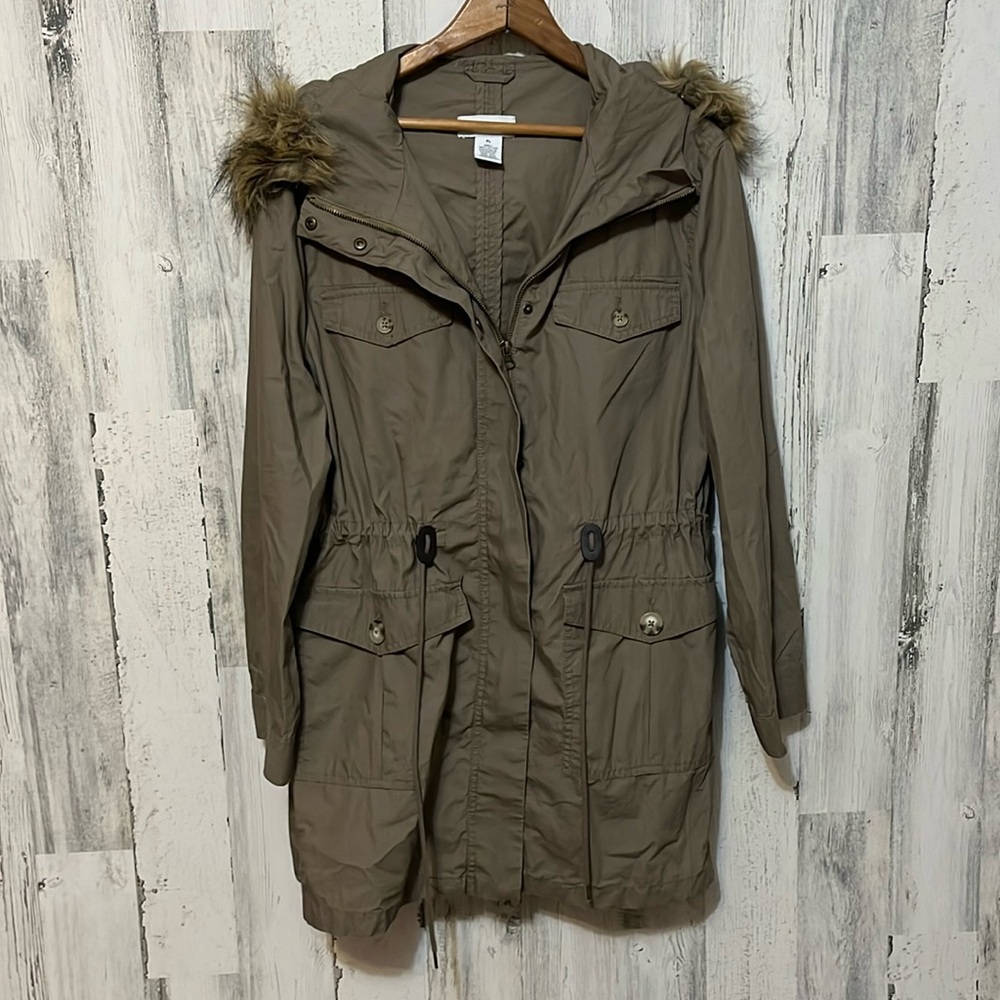 Z5 winter coat zip up button pockets detachable hood long PL petite large
